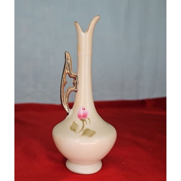 Lefton Bud Vase 1862 Hand Painted Flowers Gold Handle 5.5'' Signed VTG Ewer - Picture 4 of 8